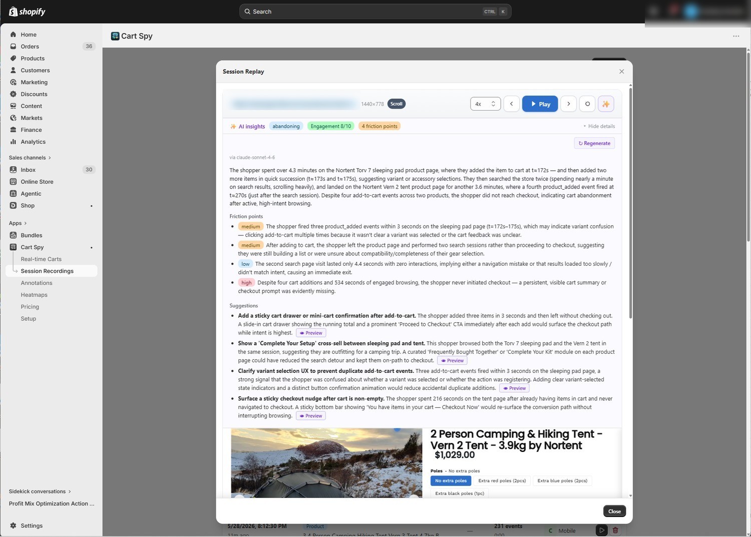 Cart Spy AI session insights: an AI-written analysis of an abandoned session listing friction points and concrete suggestions to recover similar shoppers