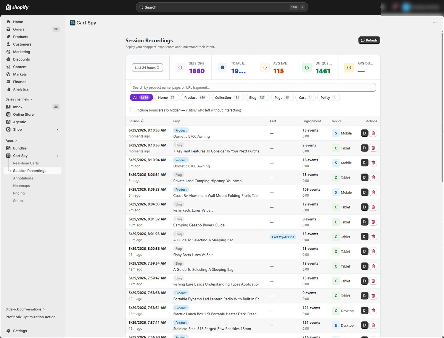 Cart Spy session recordings list with pages, devices and engagement per session